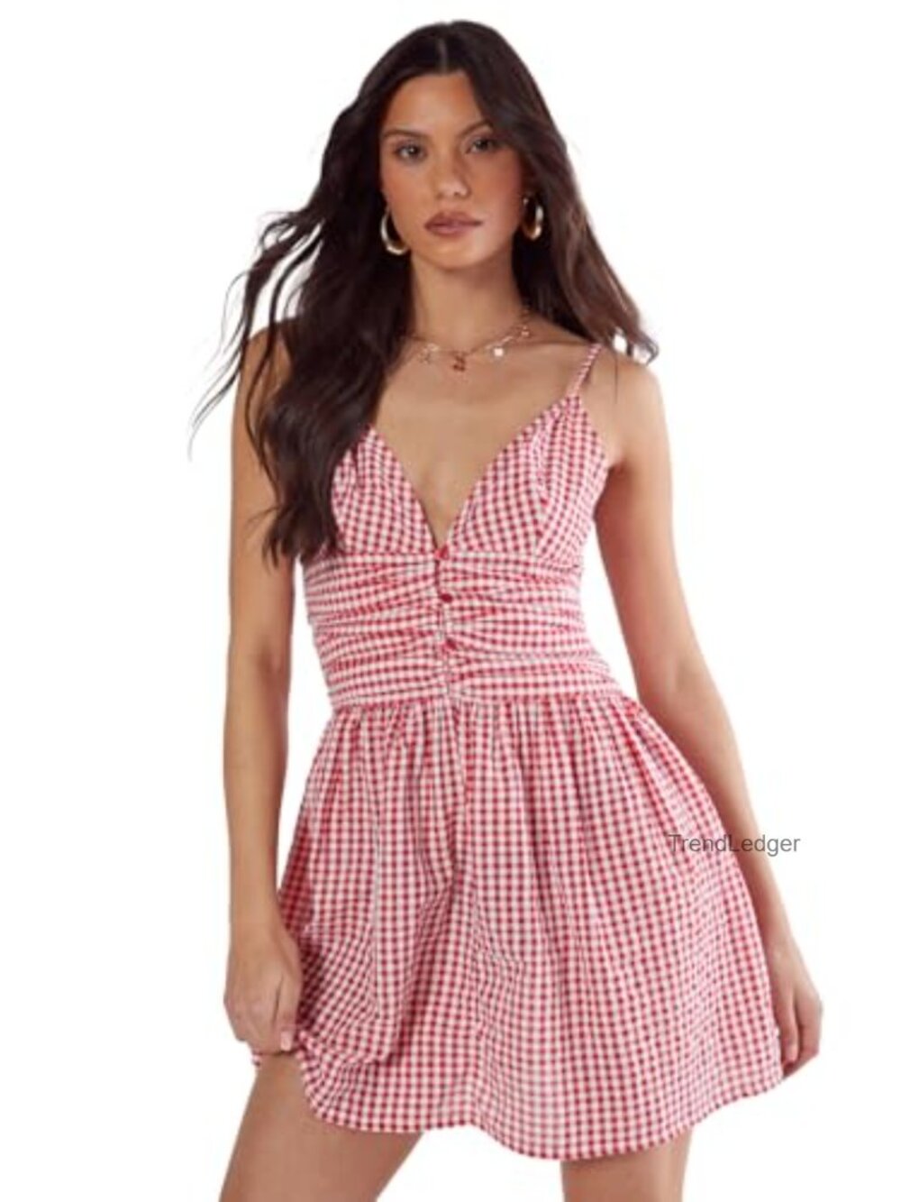 Gingham Ruched Button Front Strappy Mini Dress